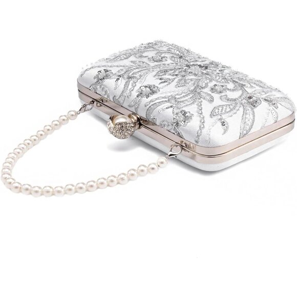 ⚡ Women's Evening Sequins Beaded Decent Designed Embroidery White Clutch Handbag - Picture 8 of 8